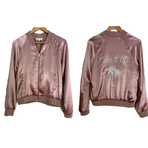 Tone It Up Pink Satin Bomber Jacket. Front Zip. Mob Wife. Palm trees. LARGE - Picture 1 of 16